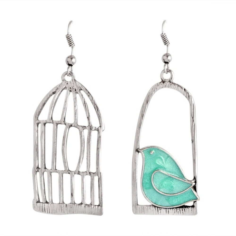 Handpainted Silver Bird Cage Earrings - Picture 2 of 2